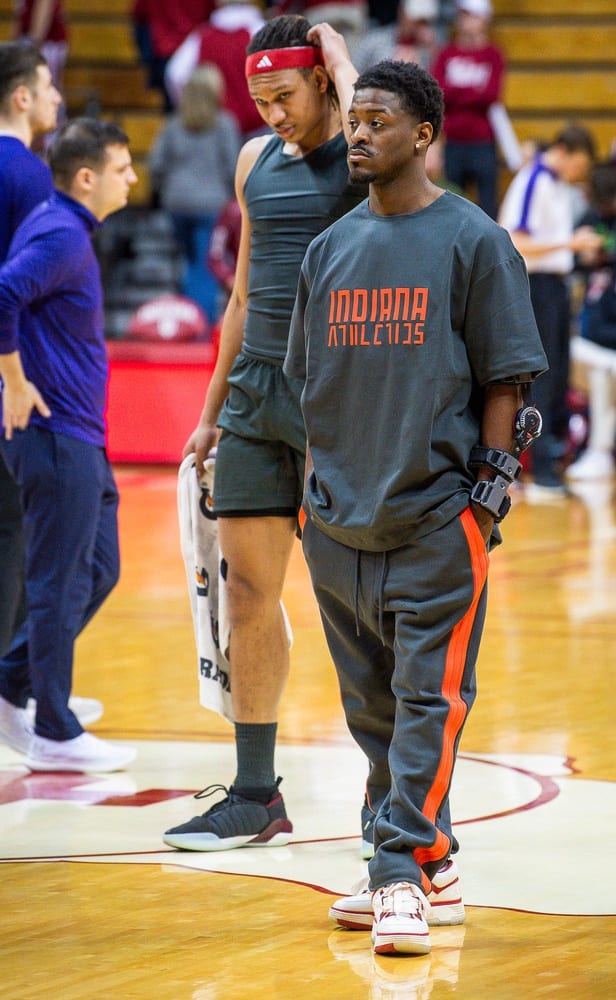 Indiana's Xavier Johnson (0) wears the new Fear of God clothing during warmups before the start of the Indiana versus Northwestern men's basketball game at Simon Skjodt Aseembly Hall on Sunday, Feb. 18, 2024.